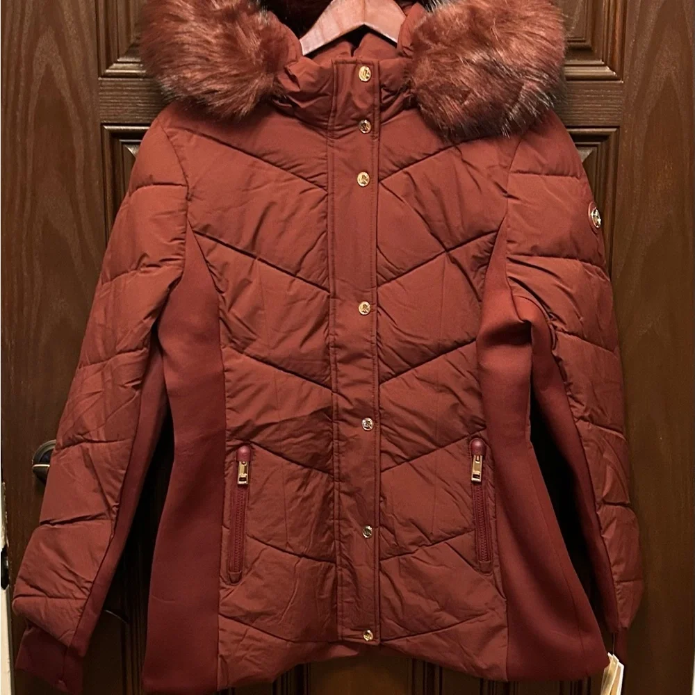 Michael Kors Women’s Faux-Fur Hooded Puffer Coat-Burgundy-Size Large NWT💋